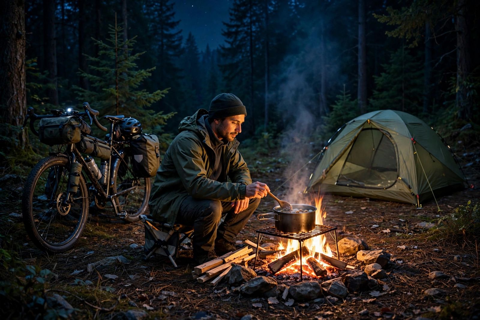 Illustration of cooking over a campfire beside a touring bicycle and tent at night — After Hours series