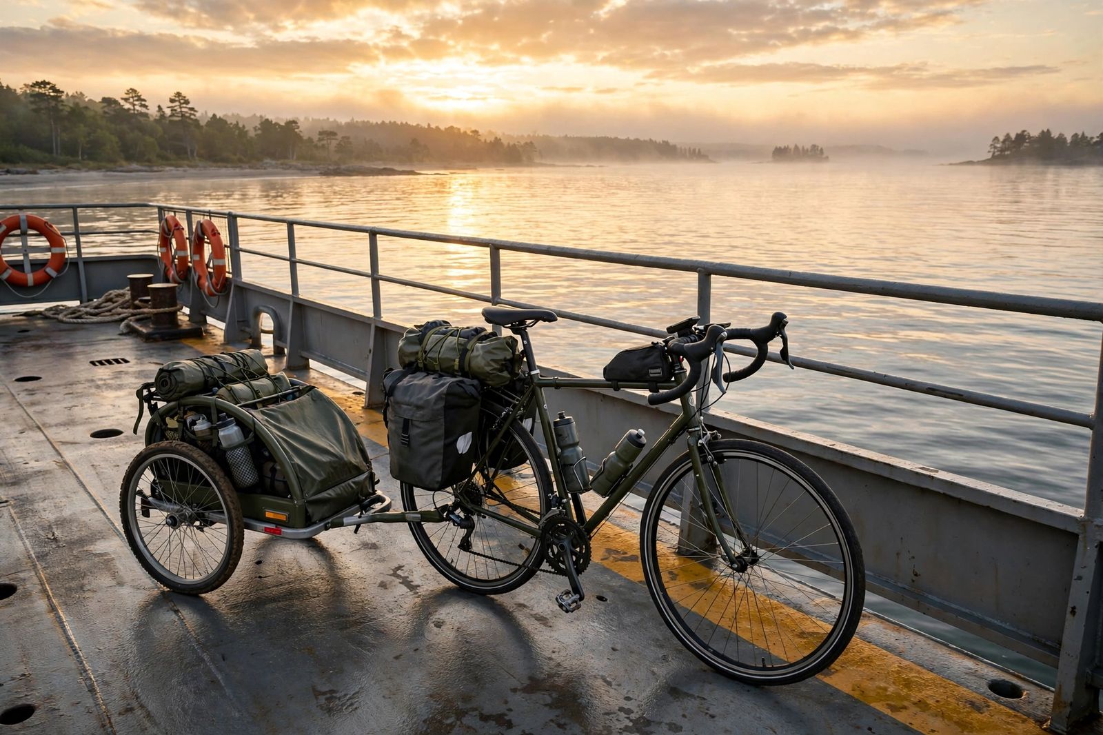 Illustration of a touring bicycle and trailer on a ferry deck at sunrise — Make the Crossing Count series