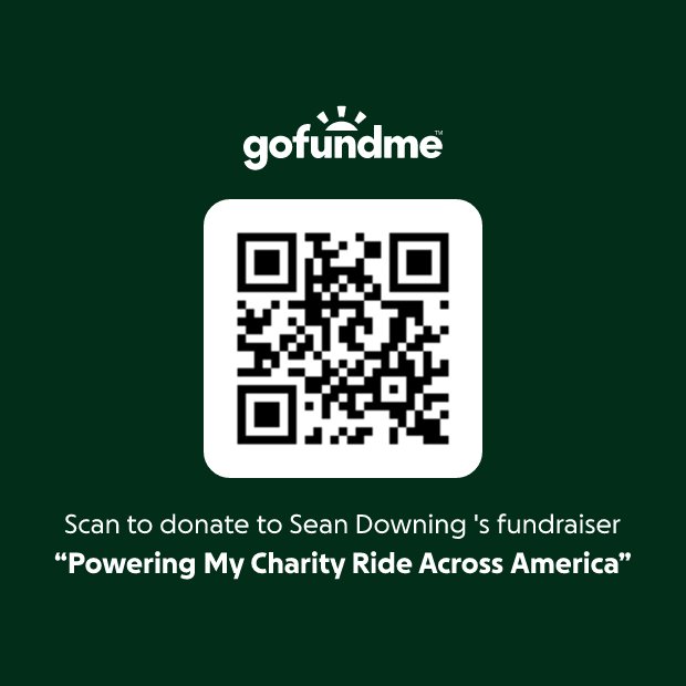 GoFundMe QR code — scan to donate to Powering My Charity Ride Across America