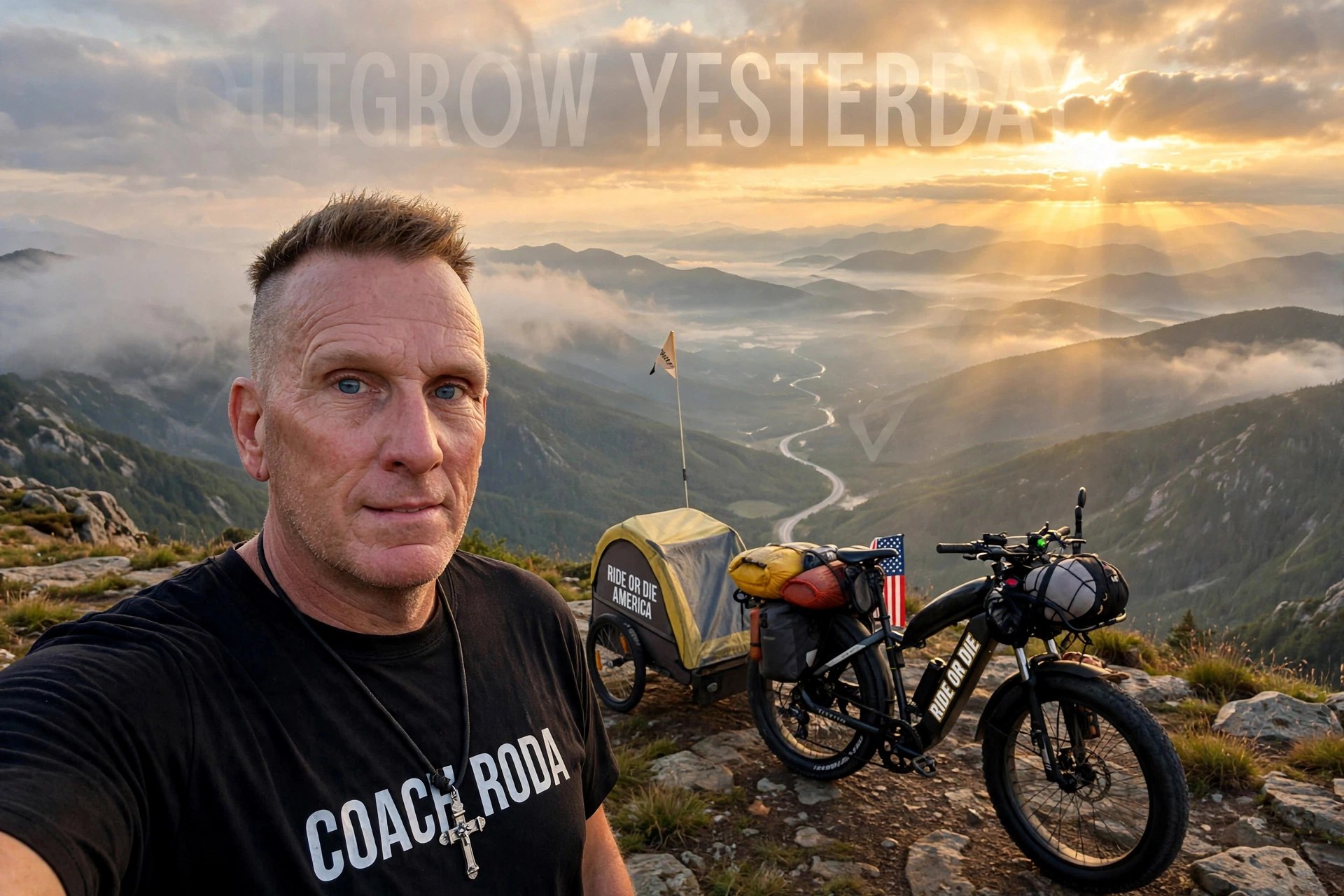 Brand illustration, AI-generated from Coach's real road photography: Coach RODA in his branded COACH RODA shirt with The Beast, his e-bike lettered RIDE OR DIE, and The Sherpa trailer on a mountain summit at dawn, the road winding through the valley below