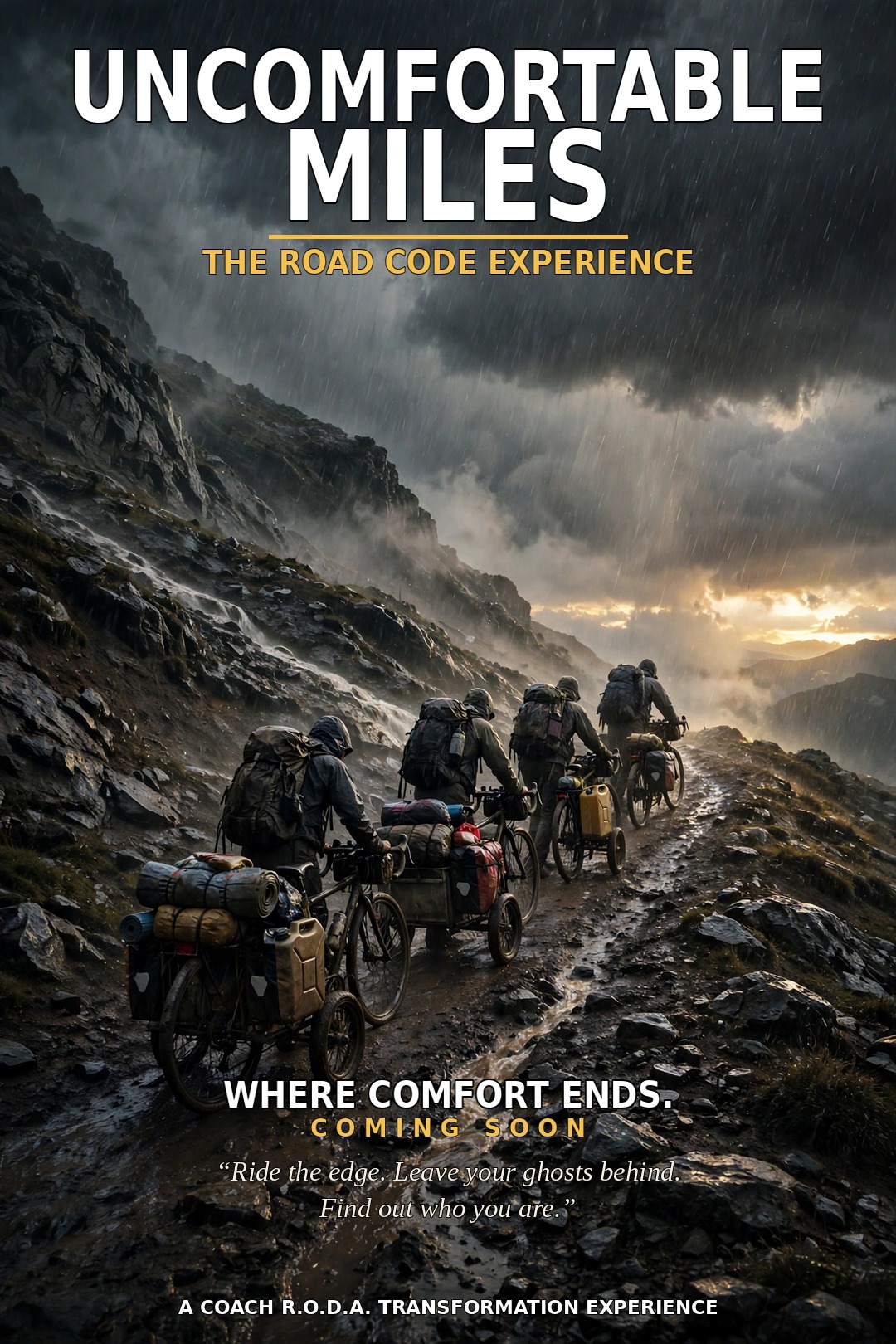 UNCOMFORTABLE MILES — The Road Code Experience — riders pushing loaded bikes and trailers up a mud track in driving rain toward a gold break on the horizon