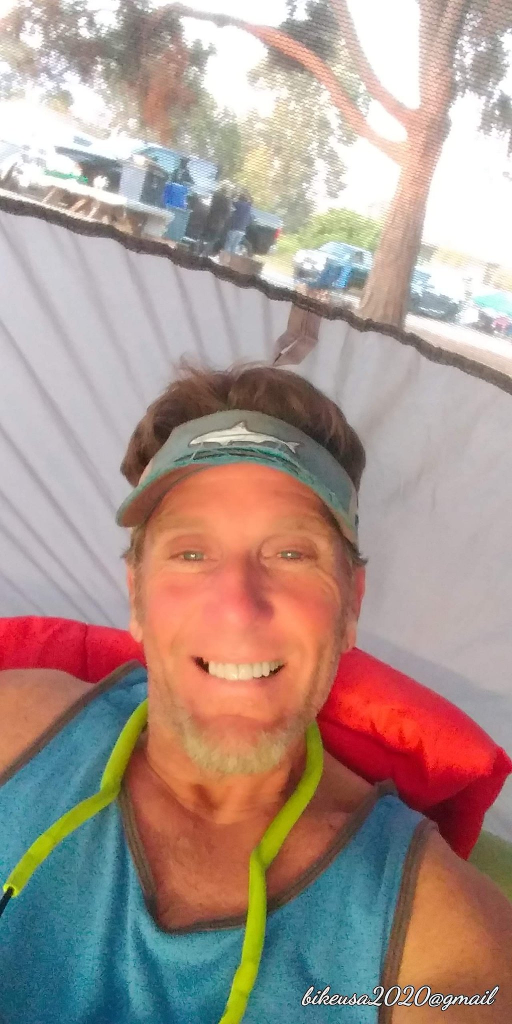 Real photo: Coach RODA smiling from his tent on the California coast, Oct 8, 2019 — day 11 of his first tour